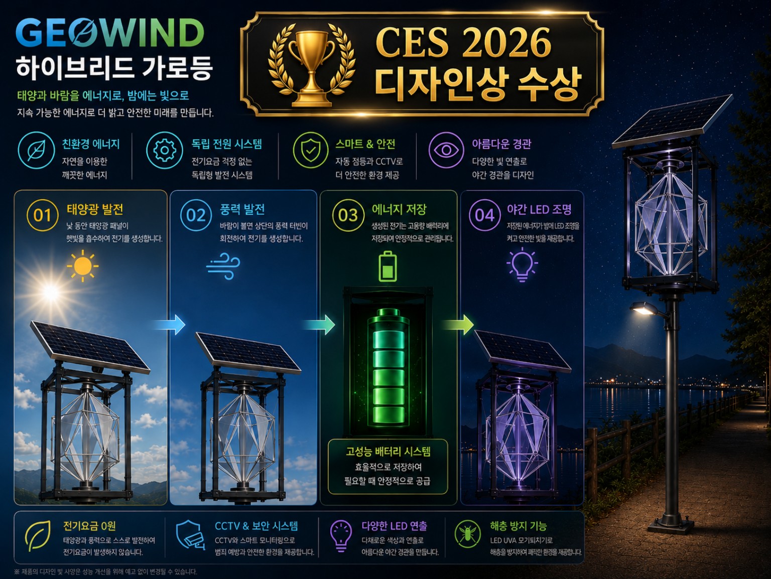 태양광 → 풍력 → 저장 → 야간 조명
